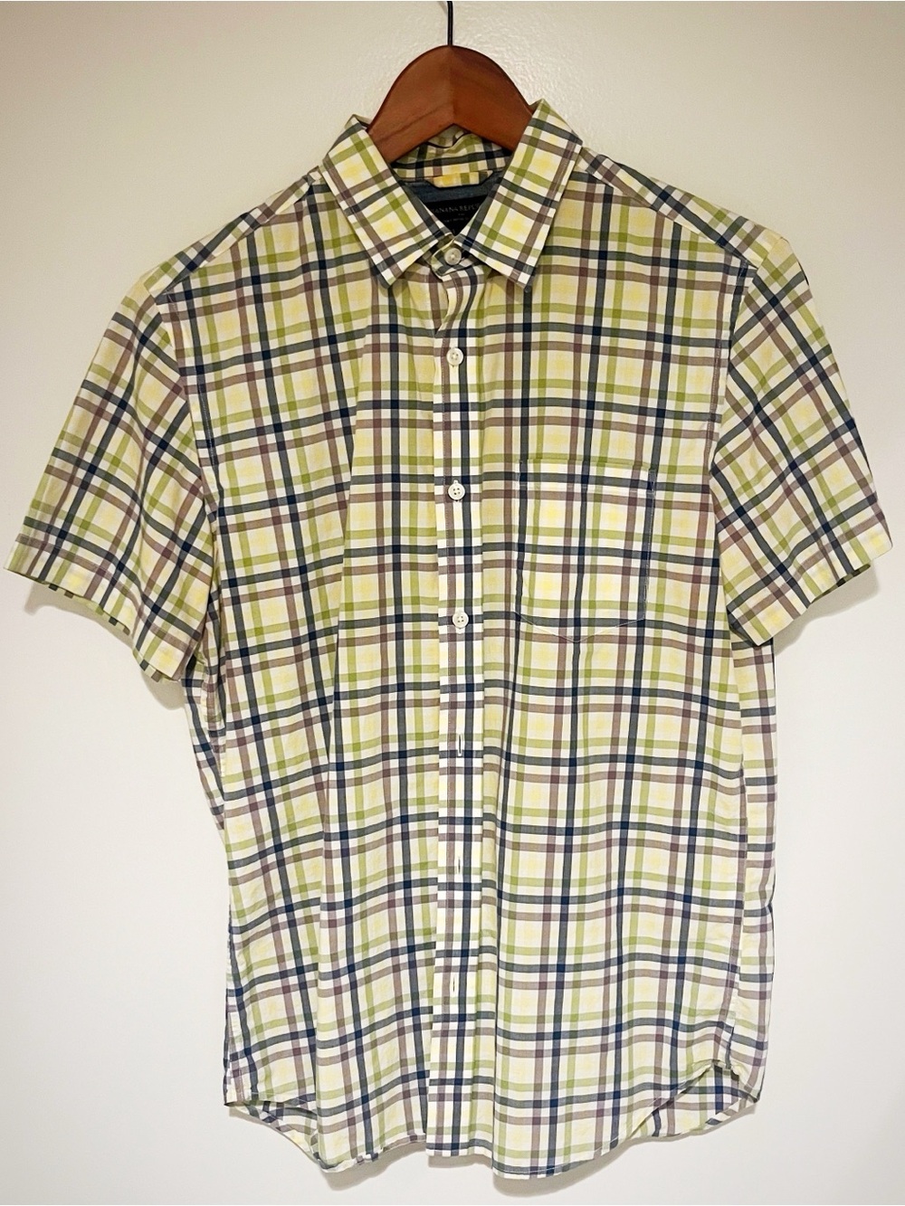 Banana Republic Yellow Green and Gray Plaid Slim Fit Button-Down Shirt